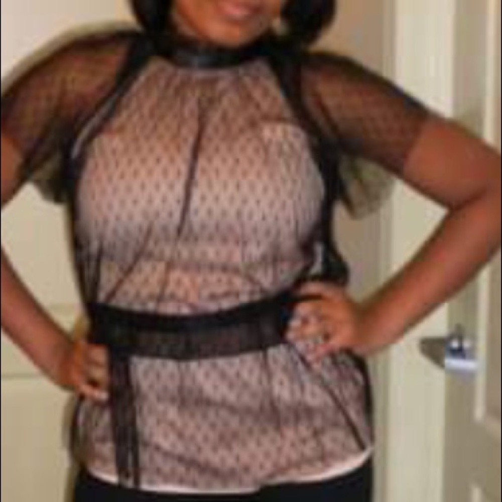 Lace overlay blouse with ribbon tie